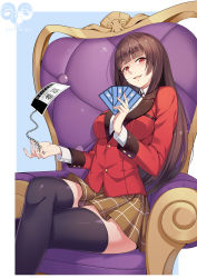 Rule 34 | 1girl, absurdres, artist request, black thighhighs, blazer, blunt bangs, blush, border, breasts, brown hair, brown skirt, card, chain, chair, collared shirt, crossed legs, dated, head tilt, highres, holding, holding card, jabami yumeko, jacket, kakegurui, long hair, looking at viewer, medium breasts, open mouth, outside border, pleated skirt, red eyes, school uniform, shirt, sitting, skirt, smile, solo, thighhighs, very long hair, white shirt, wing collar, yang miee miee