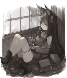 Rule 34 | 1girl, animal ears, black-framed eyewear, black hair, book, book stack, boots, closed mouth, cup, dated, expressionless, fox ears, glasses, grey theme, half updo, indoors, long hair, mug, off-shoulder, off-shoulder sweater, off shoulder, open book, original, rayvon, reading, sidelocks, sitting, solo, sweater, thigh strap, thighs, window