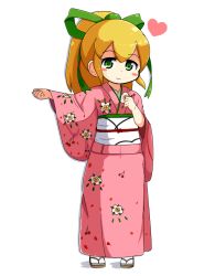 Rule 34 | 1girl, :3, blonde hair, blush stickers, closed mouth, commentary request, flat chest, floral print, full body, geta, green eyes, green ribbon, han&#039;eri, heart, highres, japanese clothes, kimono, korutana, long hair, long sleeves, looking at viewer, mega man (classic), mega man (series), obi, pink kimono, ponytail, print kimono, ribbon, roll (mega man), sash, shadow, simple background, solo, standing, tabi, white background, white legwear, wide sleeves