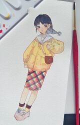 Rule 34 | 1girl, ankle socks, art tools in frame, bag, black hair, braid, brown bag, buttons, chinese commentary, clenched hands, coat, collar, collared coat, commentary request, cross-laced footwear, full body, hair lift, hand up, highres, light blush, long hair, long sleeves, looking at viewer, medium skirt, open mouth, original, painting (medium), photo (medium), pink skirt, plaid, plaid skirt, puffy long sleeves, puffy sleeves, purple eyes, shirt, shoes, shoulder bag, single braid, skirt, sleeves past wrists, sneakers, socks, solo, striped clothes, striped shirt, traditional media, vertical-striped clothes, vertical-striped shirt, watercolor (medium), white collar, white footwear, white shirt, yanmian (printemps-noir), yellow coat, yellow sleeves, yellow socks