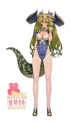 Rule 34 | 1girl, animal, arknights, bird, breasts, character name, cleavage, closed mouth, crocodilian, crocodilian tail, estelle (arknights), full body, gloves, green eyes, green footwear, green gloves, green hair, horns, leotard, long hair, purple leotard, short sleeves, simple background, smile, solo, standing, tail, twintails, white background, white legwear, yan wan