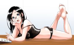 Rule 34 | 1girl, ass, barefoot, black hair, blue eyes, butt crack, feet, glasses, head rest, highres, long hair, looking at viewer, lying, on stomach, open mouth, soles, strap slip, tablet, toes