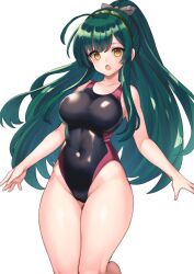 Rule 34 | 1girl, ahoge, akahara tyun, black one-piece swimsuit, competition swimsuit, covered navel, feet out of frame, green hair, green hairband, hairband, highleg, highleg swimsuit, long hair, one-piece swimsuit, open mouth, orange eyes, original, simple background, solo, standing, swimsuit, two-tone swimsuit, white background, wide ponytail