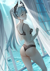 Rule 34 | 1girl, absurdres, arknights, artist name, ass, black bra, black panties, blush, bra, braid, breasts, chinese commentary, commentary request, curtains, d. joko, frilled headwear, grey eyes, grey hair, high ponytail, highres, indoors, irene (arknights), irene (voyage of feathers) (arknights), lace, lace bra, lace panties, looking at viewer, looking back, maid headdress, medium breasts, mixed-language commentary, ocean, open window, panties, parted lips, pussy juice, scar, scar across eye, ship, simple bird, solo, sword earrings, underwear, watercraft, white headdress, window