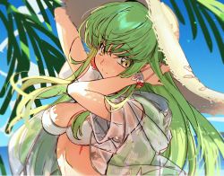 Rule 34 | 1girl, arms up, bikini, blue sky, blush, breasts, c.c., cleavage, closed mouth, code geass, creayus, day, earrings, flower, flower earrings, green hair, hat, jewelry, long hair, looking at viewer, medium breasts, open clothes, outdoors, red flower, see-through, short sleeves, sky, smile, solo, straw hat, swimsuit, upper body, very long hair, white bikini, yellow eyes, yellow hat