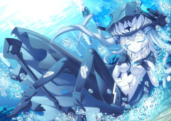 Rule 34 | 10s, 1girl, abyssal ship, black gloves, bodysuit, cape, colored skin, closed eyes, gloves, glowing, glowing eyes, headgear, i-class destroyer, injury, kantai collection, long hair, ocean, sinking, submerged, tonchan, torn clothes, underwater, white hair, white skin, wo-class aircraft carrier