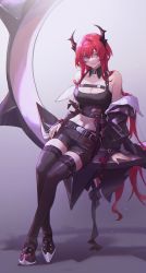Rule 34 | 1girl, absurdres, arknights, belt, black shorts, black tank top, black thighhighs, breasts, cleavage, demon horns, detached collar, full body, hair between eyes, highres, horns, jacket, large breasts, long hair, off shoulder, purple eyes, red hair, shorts, sitting, solo, surtr (arknights), tank top, thigh strap, thighhighs, very long hair, wushier