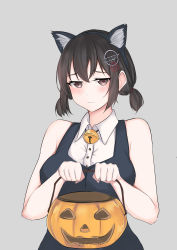 Rule 34 | 1girl, absurdres, alternate costume, alternate hairstyle, animal ears, breasts, haguro (kancolle), halloween, highres, jack-o&#039;-lantern, jiangyou dang, kantai collection, low twintails, medium breasts, medium hair, shirt, short twintails, sleeveless, sleeveless shirt, solo, twintails, upper body