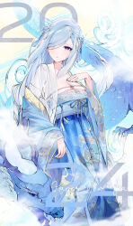 1girl 2024 absurdres alternate_costume blue_flower blue_hair blue_nails breasts china_dress chinese_clothes chinese_zodiac cleavage dragon dress feet_out_of_frame fingernails flower genshin_impact hair_flower hair_ornament hair_over_one_eye hand_on_own_chest happy_new_year highres kkopoli long_hair long_sleeves looking_at_viewer medium_breasts multicolored_eyes multicolored_hair nail_polish new_year parted_lips purple_eyes shenhe_(genshin_impact) tassel tassel_hair_ornament very_long_hair white_hair wide_sleeves year_of_the_dragon