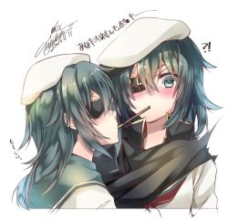 Rule 34 | 10s, 2girls, artist name, bad id, bad twitter id, blush, cape, dated, dual persona, eyepatch, food, green eyes, green hair, hair between eyes, hat, kantai collection, kiso (kancolle), looking at another, looking at viewer, multiple girls, pocky, pocky kiss, remodel (kantai collection), selfcest, shared food, short hair, simple background, surprised, translation request, yuihira asu, yuri