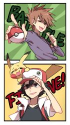 Rule 34 | 2boys, :d, baseball cap, blue oak, border, brown eyes, brown hair, commentary request, creatures (company), game freak, gen 1 pokemon, hand on headwear, hat, holding, holding poke ball, huan li, jacket, jewelry, long sleeves, male focus, multiple boys, necklace, nintendo, open clothes, open jacket, open mouth, pikachu, poke ball, poke ball (basic), pokemon, pokemon (creature), pokemon rgby, purple shirt, red (pokemon), red headwear, shirt, short hair, short sleeves, smile, spiked hair, tongue, white border