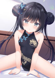 Rule 34 | 1girl, absurdres, bare arms, bare shoulders, black dress, black hair, blue archive, blush, breasts, butterfly hair ornament, china dress, chinese clothes, closed mouth, double bun, dragon print, dress, grey eyes, hair bun, hair ornament, halo, highres, kisaki (blue archive), long hair, looking at viewer, mikan (user negv3532), on bed, pelvic curtain, print dress, short dress, sidelocks, sitting, sleeveless, sleeveless dress, small breasts, solo, twintails