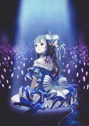 Rule 34 | 1girl, absurdres, alternate costume, bare shoulders, black eyes, blue dress, blue footwear, blue hair, boots, bow, closed mouth, copyright name, deg (deguana), dress, flower, frilled dress, frills, from behind, full body, hair bow, hair flower, hair ornament, highres, idolmaster, idolmaster cinderella girls, idolmaster cinderella girls starlight stage, jewelry, knee boots, long hair, looking to the side, mizumoto yukari, off-shoulder dress, off shoulder, seiza, sitting, smile, solo, white bow, white flower