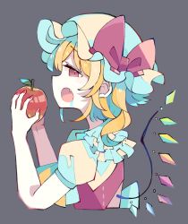 Rule 34 | 1girl, apple, bare shoulders, baron (x5qgeh), blonde hair, bow, crystal, drooling, fang, flandre scarlet, food, from side, fruit, grey background, hat, hat ribbon, holding, holding food, mob cap, nail polish, open mouth, profile, red eyes, red nails, ribbon, shirt, short sleeves, sideways mouth, simple background, solo, tareme, touhou, upper body, vest, wings
