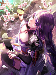 Rule 34 | 1girl, absurdres, armor, barona, bird, black bird, black thighhighs, braid, branch, breasts, bridal gauntlets, cherry blossoms, cleavage, commentary request, cup, falling petals, from above, genshin impact, hands up, highres, holding, holding cup, japanese clothes, kimono, large breasts, long hair, looking at viewer, looking back, low-braided long hair, low-tied long hair, mole, mole under eye, neck ribbon, obi, obijime, off shoulder, open mouth, petals, petals on liquid, pond, porch, purple eyes, purple hair, purple kimono, purple nails, raiden shogun, red ribbon, ribbon, sash, seiza, shoulder armor, shrug (clothing), sitting, solo, thighhighs
