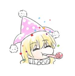 Rule 34 | 1girl, ^ ^, blonde hair, blush, closed eyes, clownpiece, commentary request, confetti, hair between eyes, hat, jester cap, long hair, mouth hold, naegi (naegidokoro), neck ruff, party whistle, pink hat, polka dot headwear, portrait, simple background, solo, touhou, white background