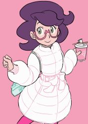Rule 34 | 1girl, alternate costume, bow, coat, coffee cup, commentary, creatures (company), cup, disposable cup, elizabeth (tomas21), eyelashes, game freak, glasses, green eyes, highres, holding, holding cup, long hair, long sleeves, nintendo, pants, pink-framed eyewear, pink background, pink pants, pokemon, pokemon sm, purple hair, semi-rimless eyewear, simple background, solo, w arms, white bow, white coat, wicke (pokemon)