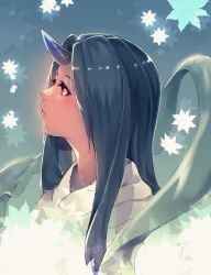 Rule 34 | 1girl, black hair, closed mouth, from side, highres, horns, leaf, long hair, maido mido, maple leaf, original, portrait, profile, red eyes, shiratan, silhouette, single horn, solo