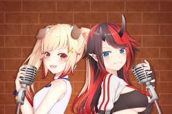 Rule 34 | 2girls, animal ears, animare, arm strap, bikini, black bikini, black hair, blonde hair, blue eyes, blush, breasts, brick wall, choker, commentary request, compression sleeve, demon girl, demon horns, dog ears, ear piercing, fangs, grin, hair ornament, highres, holding, holding microphone, horns, jacket, large breasts, long hair, looking at viewer, looking to the side, medium breasts, microphone, multicolored hair, multiple girls, nail polish, nanashi inc., official alternate costume, open mouth, piercing, pointy ears, red hair, red nails, rin (0917608), ryugasaki rene, ryugasaki rene (2nd costume), seshima rui, shirt, shrug (clothing), sleeveless, sleeveless shirt, smile, striped clothes, striped jacket, studio microphone, sugar lyric, swimsuit, twintails, two-tone hair, underboob, upper body, virtual youtuber, white jacket, white shirt, x hair ornament, yellow nails