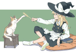 Rule 34 | 2girls, apron, black headwear, black skirt, black vest, blonde hair, book, bow, braid, calico, cat, commentary request, crossed legs, frilled apron, frilled headwear, frills, goutokuji mike, goutokuji mike (cat), grin, hat, hat bow, indian style, inuno rakugaki, kirisame marisa, legs, long hair, long sleeves, multiple girls, no shoes, shirt, side braid, sitting, skirt, smile, socks, touhou, turtleneck, vest, waist apron, white apron, white bow, white shirt, white socks, witch, witch hat, yellow eyes