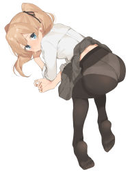 Rule 34 | 1girl, 2l (2lsize), ass, black pantyhose, black ribbon, black skirt, blonde hair, blue eyes, blush, closed mouth, clothes lift, crotch seam, dress shirt, embarrassed, hair between eyes, hair ribbon, highres, looking back, nose blush, original, panties, panties under pantyhose, pantyhose, pleated skirt, ribbon, shirt, simple background, skirt, skirt lift, sleeves rolled up, soles, solo, thighband pantyhose, twintails, underwear, white background