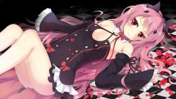 Rule 34 | 10s, 1girl, black dress, black ribbon, breasts, checkered floor, detached sleeves, dress, highres, krul tepes, long hair, lying, mia (kuja999), on back, owari no seraph, pink hair, red eyes, ribbon, small breasts, smile, solo, thighs
