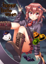 Rule 34 | 1girl, :o, absurdres, animal print, bat (animal), bat hair ornament, blunt bangs, boots, candy, cat print, cloud, convenient censoring, cross, cross-laced footwear, floating, food, gabriel dropout, ghost, hair ornament, hair ribbon, hair rings, happy halloween, hat, highres, hood, hoodie, horns, inverted cross, jack-o&#039;-lantern, jacket, knees together feet apart, lollipop, moon, necktie, night, night sky, oooqqq, pleated skirt, pumpkin, red eyes, red hair, ribbon, satanichia kurumizawa mcdowell, scythe, short necktie, silk, skirt, sky, solo, spider web, striped clothes, striped jacket, thighs, witch hat