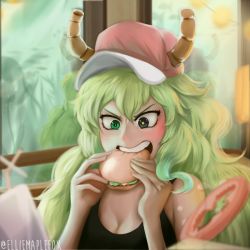 Rule 34 | 10s, 1girl, blush, breasts, burger, cleavage, eating, elliemaplefox, food, food in mouth, green eyes, green hair, hat, heterochromia, holding, holding food, horns, kobayashi-san chi no maidragon, large breasts, long hair, lucoa (maidragon), open mouth, purple eyes, red hat, solo, teeth, twitter username