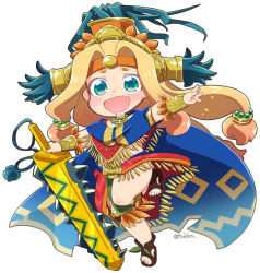 Rule 34 | 1girl, :d, aztec, bead necklace, beads, blonde hair, blue cape, blush, bracer, brown footwear, cape, chibi, chin piercing, fang, fate/grand order, fate (series), feathers, full body, green eyes, hair beads, hair intakes, hair ornament, headband, headdress, holding, holding sword, holding weapon, jewelry, leg up, loincloth, long hair, low-tied long hair, miniskirt, neck ring, necklace, open mouth, piercing, poncho, quetzalcoatl (fate), red skirt, sandals, simple background, skirt, smile, solo, standing, standing on one leg, sword, tsukko (3ki2ne10), twitter username, very long hair, weapon, white background