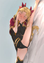 1girl, black nails, blonde hair, blush, dutch angle, embarrassed, ereshkigal (fate), eyes closed, fate/grand order, fate (series), grey background, groin tendon, hands on own face, highres, kneepits, long hair, nail polish, nuda, red ribbon, ribbon, single thighhigh, skull necklace, solo, split, spread legs, thighhighs, twintails