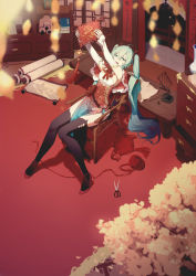 Rule 34 | 1girl, absurdres, ahoge, alternate costume, aqua eyes, aqua hair, balcony, black thighhighs, blue dress, blurry, blurry foreground, blush, breasts, chair, china dress, chinese clothes, chinese new year, detached sleeves, dress, gold trim, gradient dress, hair between eyes, hair ornament, hatsune miku, highres, holding, indoors, long hair, looking up, ly.t, medium breasts, new year, night, open mouth, outstretched arms, pelvic curtain, red dress, red footwear, scissors, scroll, side slit, sitting, sleeves past wrists, smile, solo, table, tassel, thighhighs, twintails, vase, very long hair, vocaloid, white sleeves, yarn, yarn ball