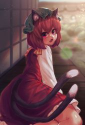 Rule 34 | 1girl, absurdres, animal ears, ass, blurry, blurry background, brown hair, cat ears, cat tail, chen, earrings, fang, from behind, green hat, hat, highres, jewelry, mob cap, multiple tails, red vest, short hair, skin fang, solo, tail, touhou, vest, yatsuga (kouahey dierci)