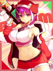 Rule 34 | 1girl, absurdres, bemani, bra, breasts, cannon=xxxx, christmas, green bra, green panties, gun, hat, hat ornament, highres, holding, holding cannon, holding gun, holding weapon, large breasts, looking at viewer, multicolored hair, navel, necktie, ornament, panties, pink eyes, pointy ears, purple hair, sack, santa costume, santa hat, snowman hat ornament, solo, sound voltex, tongari kin, two-tone hair, underwear, weapon, white hair