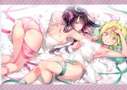 Rule 34 | 2girls, absurdres, akatsuki kirika, arm up, armpits, ass, bed sheet, black hair, blonde hair, bow, breasts, character request, cleavage, closed mouth, copyright request, covered erect nipples, dress, dsmile, flower, green eyes, green panties, hair bow, highres, long hair, looking at viewer, looking back, lying, medium breasts, multiple girls, on back, on stomach, panties, pillow, pink panties, polka dot, polka dot pillow, purple eyes, scan, senki zesshou symphogear, shiny skin, short dress, short hair, sideboob, simple background, sleeveless, sleeveless dress, striped, striped pillow, tsukuyomi shirabe, twintails, underwear, white dress