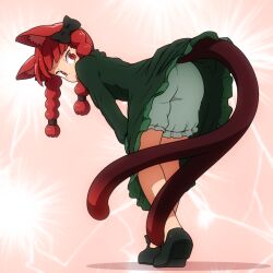 Rule 34 | 1girl, animal ears, black footwear, bloomers, braid, cat ears, cat tail, dress, full body, green dress, kaenbyou rin, long hair, long sleeves, multiple tails, red eyes, red hair, shirosato, shoes, slit pupils, solo, tail, touhou, twin braids, two tails, underwear, white bloomers