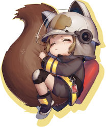 Rule 34 | 1girl, animal ears helmet, arknights, brown hair, chibi, commentary request, fire helmet, firefighter jacket, firefighter, fluffy, highres, jacket, knee pads, large tail, okitanation, oxygen tank, shaw (arknights), short hair, shorts, sleeping, solo, squirrel girl, squirrel tail, tail, white background