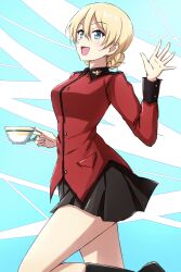 Rule 34 | 1girl, absurdres, black footwear, black skirt, blonde hair, blue eyes, boots, braid, commentary, cup, darjeeling (girls und panzer), girls und panzer, highres, holding, holding cup, jacket, long sleeves, looking at viewer, military uniform, miniskirt, omachi (slabco), open mouth, pleated skirt, red jacket, short hair, skirt, smile, solo, st. gloriana&#039;s military uniform, standing, standing on one leg, teacup, twin braids, uniform, waving
