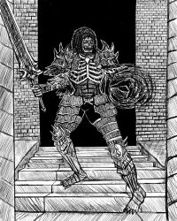 Rule 34 | aconitum-acolyte, armor, armored boots, boots, brick wall, dark souls (series), dark souls i, darkwraith (dark souls), fighting stance, full armor, gauntlets, highres, hood, knight, looking at viewer, monochrome, shoulder armor, stairs, sword, weapon
