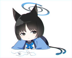 Rule 34 | 1girl, :3, animal ears, ass, black eyes, black hair, black skirt, blue archive, cat ears, cat girl, cat tail, chibi, choker, commentary request, eko, halo, happi, highres, japanese clothes, kikyou (blue archive), long sleeves, looking at viewer, lying, multiple tails, nekomata, on stomach, parted bangs, pleated skirt, school uniform, serafuku, short hair, sidelocks, simple background, skirt, solo, string, tail, two tails, white background, white serafuku