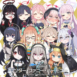 Rule 34 | ahoge, album cover, azusa (blue archive), black hair, blonde hair, blue archive, blue eyes, blush, book, braid, breasts, closed eyes, closed mouth, copyright name, cover, double v, glasses, grey hair, hair between eyes, halo, hanako (blue archive), hifumi (blue archive), highres, hinata (blue archive), holding, holding book, ichika (blue archive), koharu (blue archive), kuma jet, looking at viewer, mari (blue archive), medium breasts, mika (blue archive), multiple girls, nun, official art, one eye closed, one eye covered, open mouth, orange hair, pink eyes, pink hair, pink halo, purple eyes, purple hair, red eyes, sakurako (blue archive), school swimsuit, school uniform, shimiko (blue archive), small breasts, swimsuit, tongue, tongue out, tsurugi (blue archive), twintails, ui (blue archive), v, yellow halo