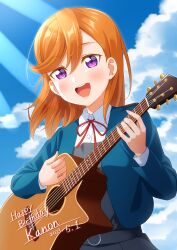 Rule 34 | 1girl, absurdres, birthday, blue jacket, blue sky, blush, cloud, cloudy sky, collared shirt, commentary request, dress, grey dress, guitar, happy birthday, haruharo (haruharo 7315), highres, instrument, jacket, long sleeves, looking at viewer, love live!, love live! superstar!!, medium hair, music, neck ribbon, open mouth, orange hair, pinafore dress, playing instrument, purple eyes, red ribbon, ribbon, school uniform, shibuya kanon, shirt, sky, sleeveless, sleeveless dress, smile, solo, sunlight, swept bangs, teeth, upper body, upper teeth only, white shirt, yuigaoka school uniform