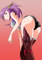 Rule 34 | 1girl, armor, ass, bare shoulders, bent over, blush, breasts, cameltoe, dragon girl, green eyes, hanging breasts, heterochromia, highres, horns, large breasts, leaning, leaning forward, leotard, long hair, looking at viewer, purple eyes, purple hair, puzzle &amp; dragons, shiny clothes, shiny skin, smile, solo, sonia (p&amp;d), thighhighs, yosaku