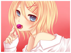 Rule 34 | 1girl, blonde hair, blue eyes, candy, female focus, food, gradient background, hair ornament, hairclip, kagamine rin, licking, lollipop, portrait, short hair, solo, tongue, vocaloid, yayoi (egoistic realism)