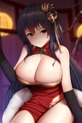 Rule 34 | 1girl, ahoge, azur lane, bare shoulders, black hair, breasts, bridal gauntlets, china dress, chinese clothes, cleavage, cleavage cutout, clothing cutout, dress, feather boa, hair between eyes, hair ornament, head tilt, highres, large breasts, long hair, looking at viewer, official alternate costume, parted lips, red dress, red eyes, signature, sitting, sleeveless, sleeveless dress, smile, solo, taihou (azur lane), taihou (phoenix&#039;s spring song) (azur lane), thighs, very long hair, wsman