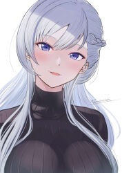 Rule 34 | 1girl, absurdres, artist name, azur lane, belfast (azur lane), black sweater, blue eyes, blush, braid, breasts, cable knit, french braid, hair between eyes, highres, large breasts, long hair, looking at viewer, open mouth, purple eyes, reisa-aisaka, ribbed sweater, signature, simple background, smile, solo, sweater, swept bangs, turtleneck, turtleneck sweater, upper body, white background, white hair
