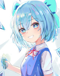 Rule 34 | 1girl, absurdres, blue eyes, blue hair, bow, cirno, frozen frog, grin, hair between eyes, hair bow, highres, ice, ice wings, looking at viewer, lshiki, short hair, simple background, smile, solo, touhou, upper body, white background, wings
