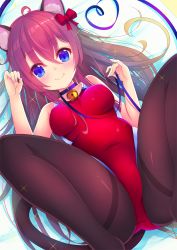 Rule 34 | 1girl, animal ears, bell, neck bell, blue eyes, breasts, brown hair, cat ears, collar, competition swimsuit, covered navel, fang, leash, long hair, looking at viewer, one-piece swimsuit, original, pantyhose, pantyhose under swimsuit, solo, swimsuit, yoshiheihe