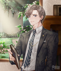 Rule 34 | 1boy, artem wing (tears of themis), belt, bishounen, black jacket, blue eyes, blue necktie, book, brown hair, cabinet, closed mouth, formal, highres, holding, holding book, indoors, jacket, looking at viewer, n0niiiiii, necktie, open clothes, open jacket, painting (object), polo shirt, shirt, short hair, smile, solo, striped suit, suit, tears of themis, white shirt