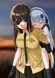 Rule 34 | 2girls, absurdres, bandages, bandaged leg, bandages, black hair, carrying, crying, eyepatch, closed eyes, girls&#039; frontline, highres, hk416 (girls&#039; frontline), kuro (zhurunbo1997), m16a1 (girls&#039; frontline), multiple girls, necktie, piggyback, scar, scar across eye, scar on face, silver hair, sunset, aged down