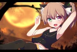Rule 34 | 1girl, ahoge, animal ears, arm up, armpits, blurry, blurry background, brown hair, cat ears, collarbone, commentary request, cross, fang, full moon, halloween, heterochromia, highres, hololive, letterboxed, looking at viewer, moon, natsuiro matsuri, natsuiro matsuri (1st costume), navel, okota mikan, open mouth, shirt, solo, t-shirt, thighhighs, tree, virtual youtuber